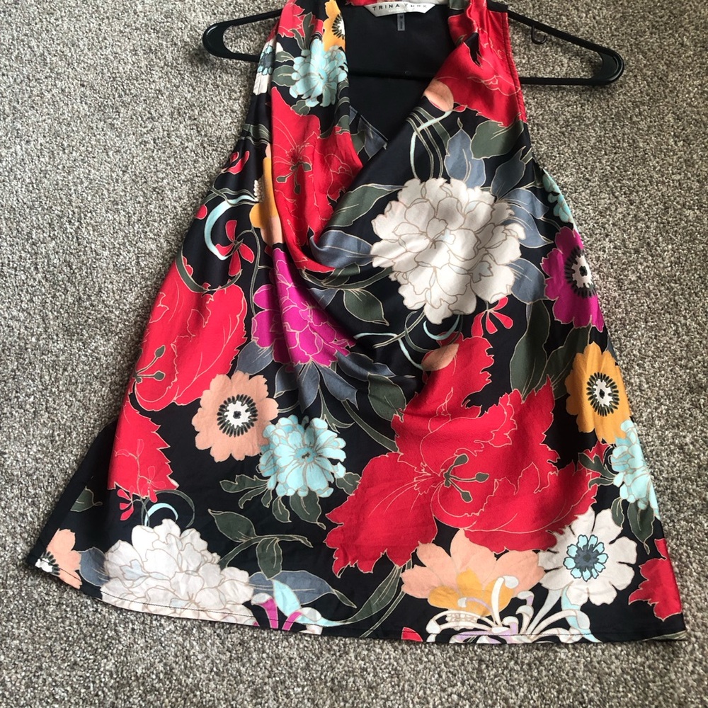 Trina Turk Black Floral Cowl Neck Top Size M  very good condition